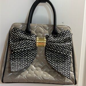 Betsey Johnson Black and Gray Quilted Satchel with Polka Dot Bow